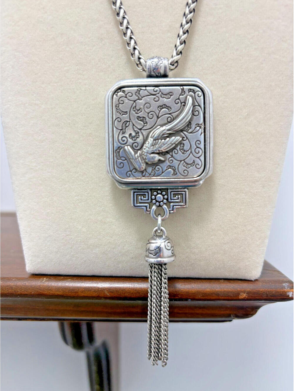 Brighton Bird Pendant w/ Tassel Reversible Side is Mirror 32" Silver Plated